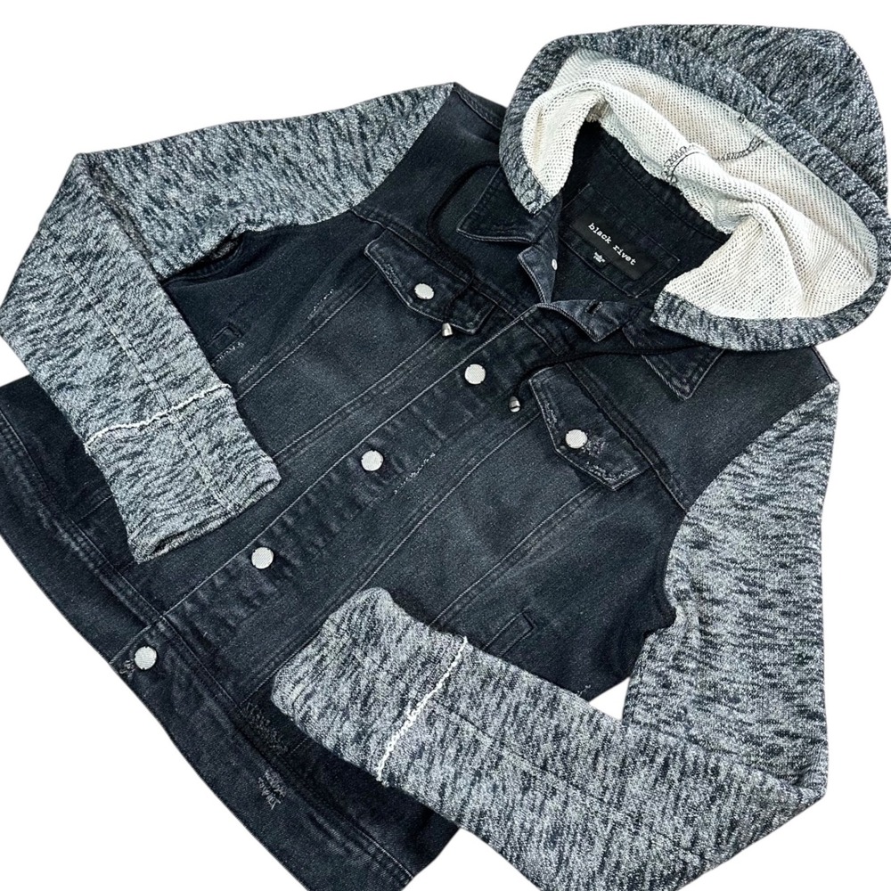 Black Rivet Denim Jacket Women Large Black Excellent Distressed Knit Hood Grunge